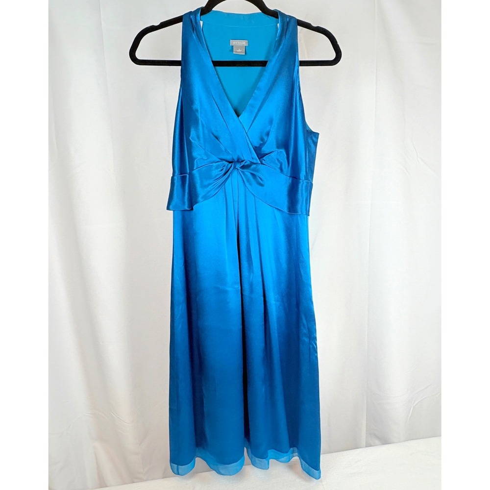 Ann Taylor Sapphire Blue Silk Satin V-Neck Knot Waist Midi Dress Sz 8 Elegant